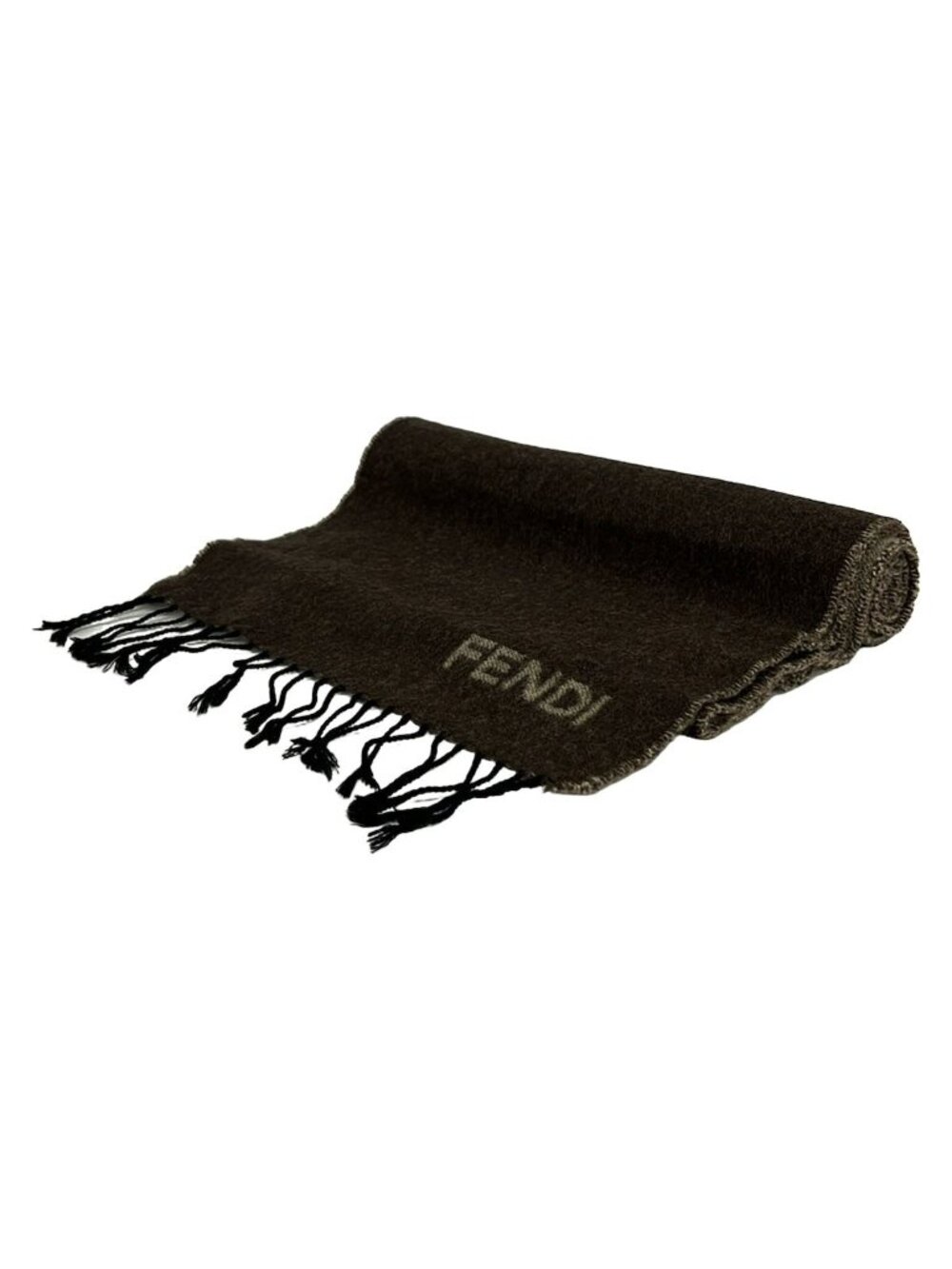 Fendi Scarf Dark Brown Beige Fringe Wool